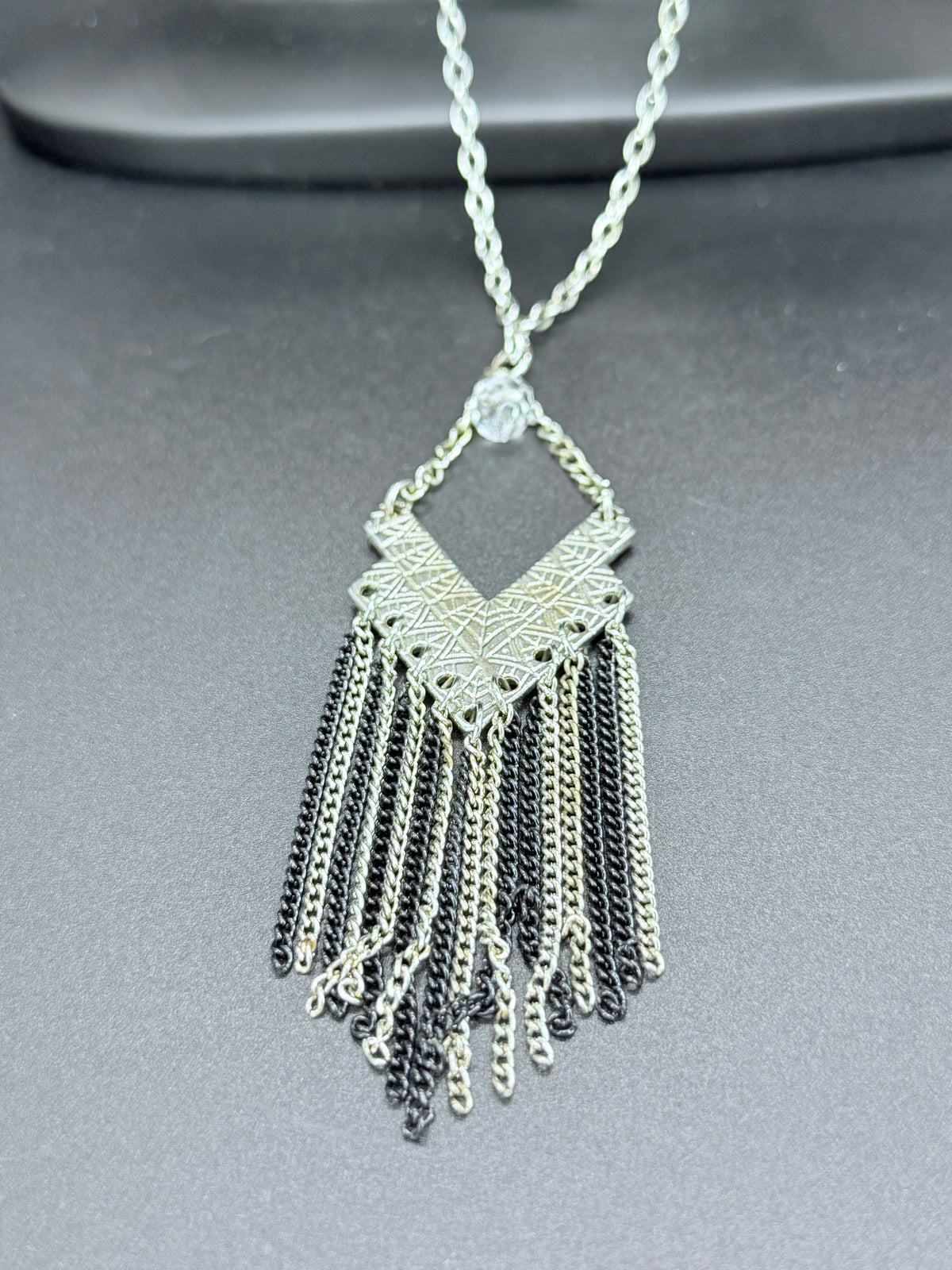 Vintage Geometric Silver Tone Pendant Necklace w/ Multi-Chain Tassel