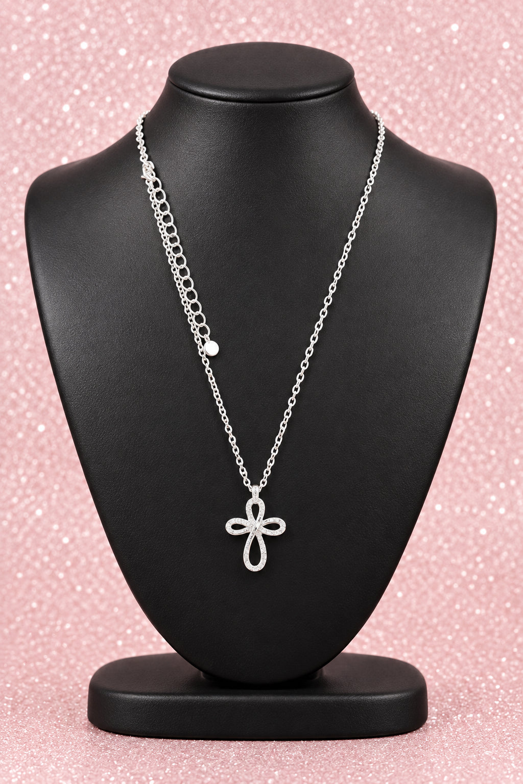 Modern Silver Tone Necklace w/ Infinity Cross Pendant w/ Crystal Accents