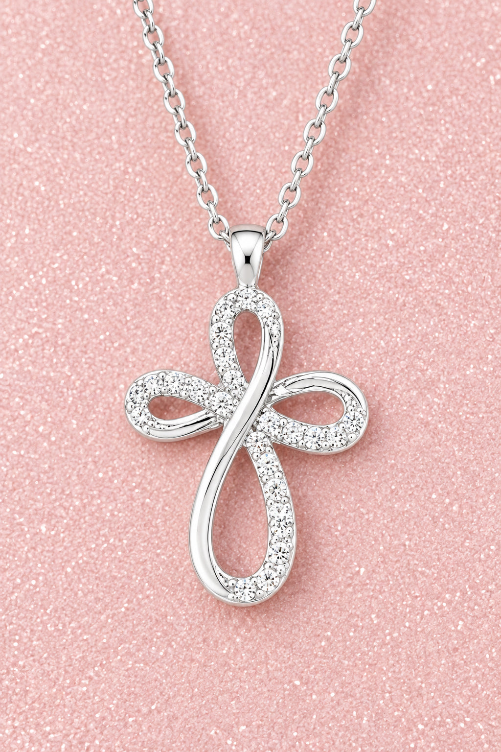 Modern Silver Tone Necklace w/ Infinity Cross Pendant w/ Crystal Accents