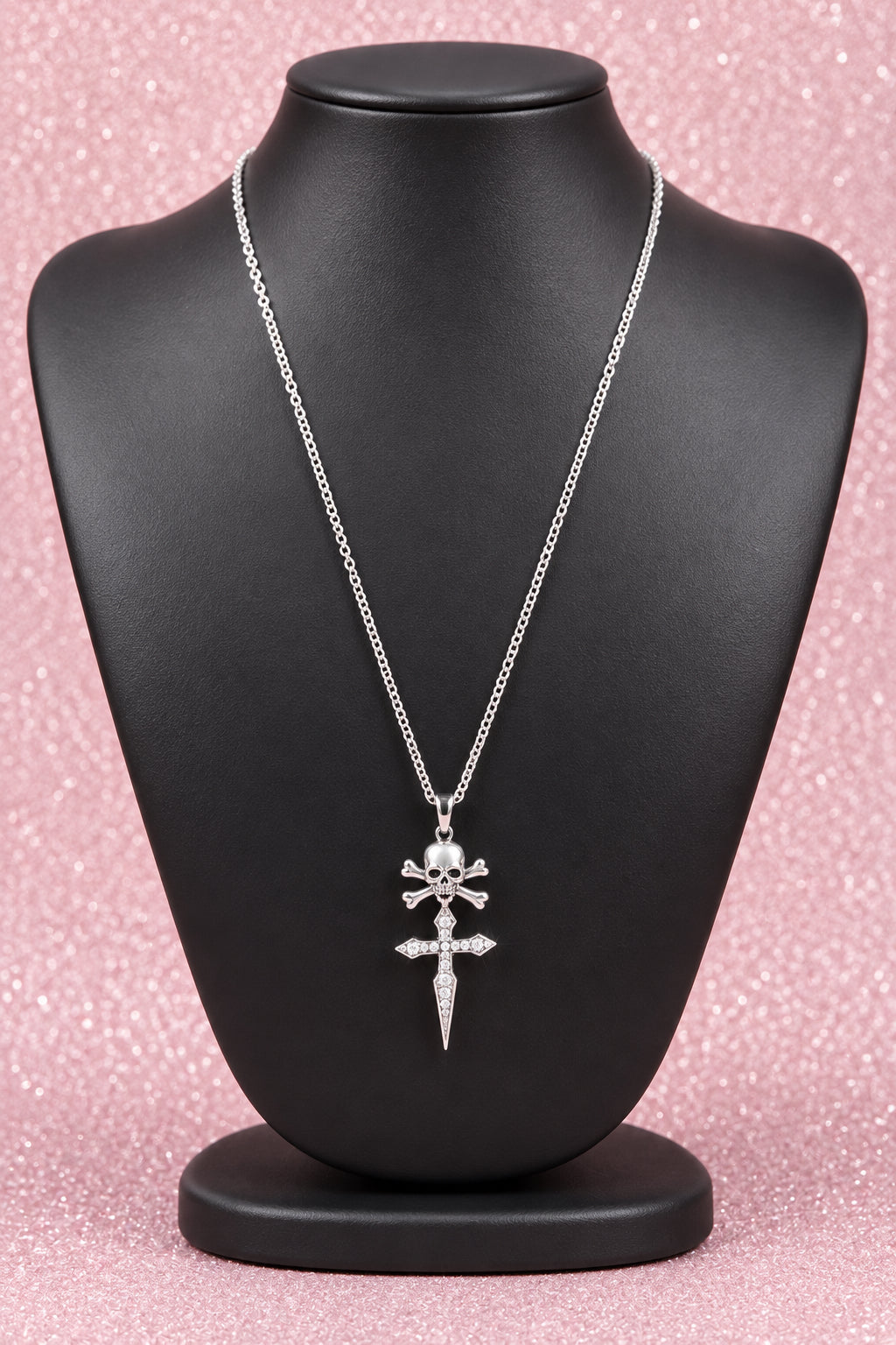 Contemporary Silver Tone Skill & Dagger Cross Pendant Necklace w/ Crystal Accents