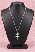 Contemporary Silver Tone Skill & Dagger Cross Pendant Necklace w/ Crystal Accents