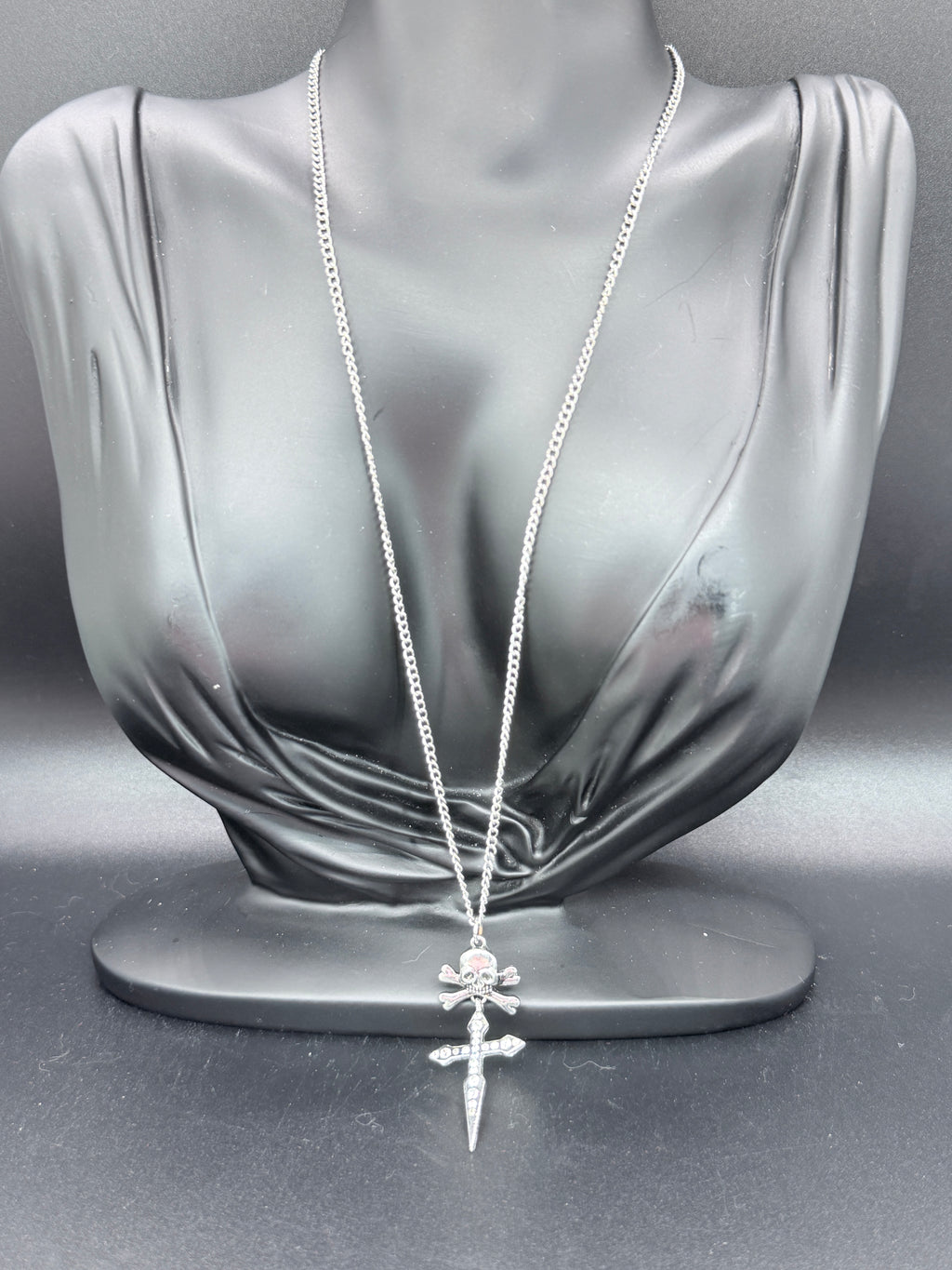 Contemporary Silver Tone Skill & Dagger Cross Pendant Necklace w/ Crystal Accents