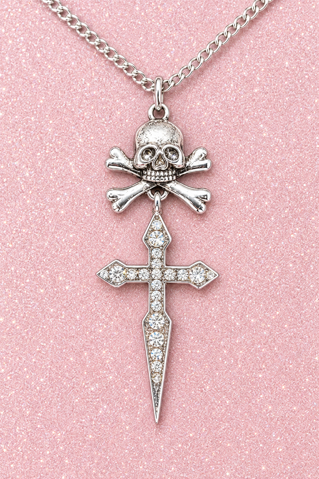 Contemporary Silver Tone Skill & Dagger Cross Pendant Necklace w/ Crystal Accents