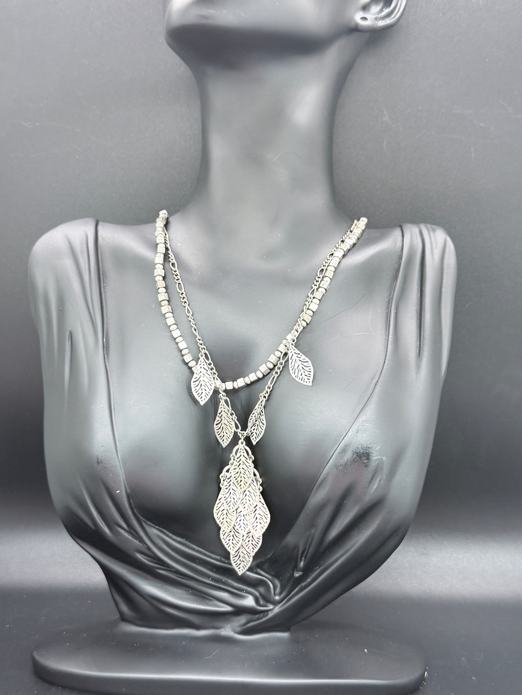 Vintage Xiomara Castro Multi-Strand Silver-Tone Necklace w/ Leaf Charms