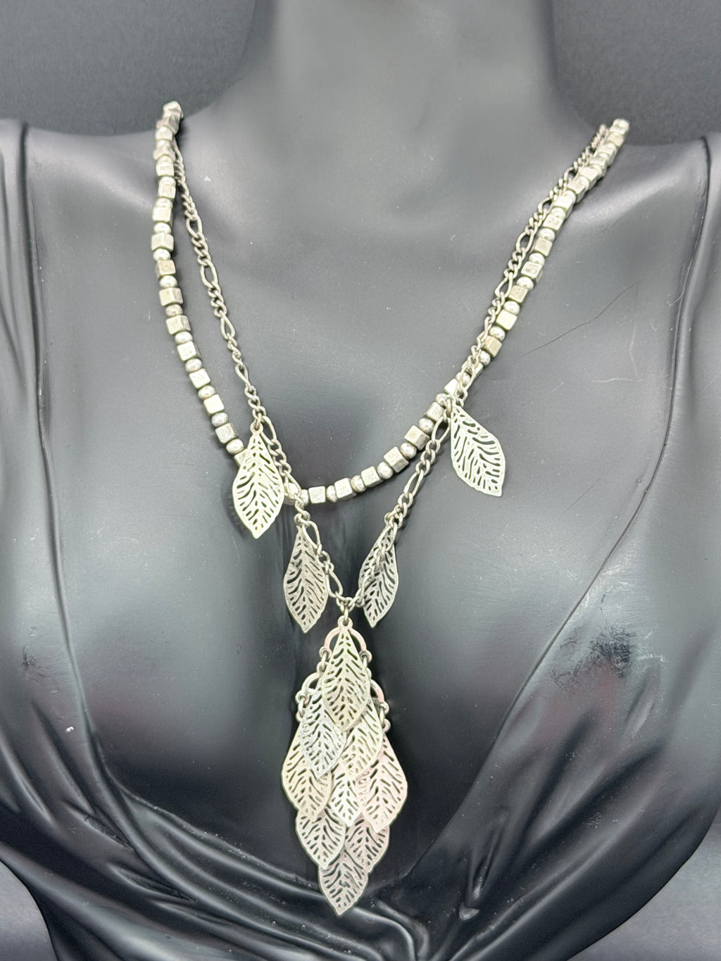 Vintage Xiomara Castro Multi-Strand Silver-Tone Necklace w/ Leaf Charms