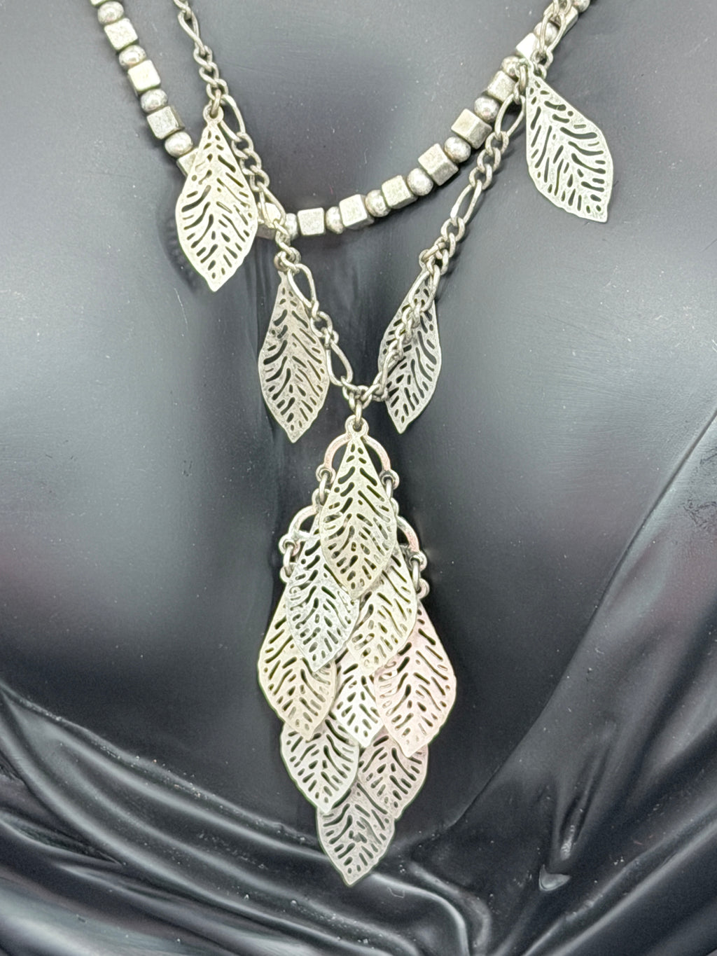 Vintage Xiomara Castro Multi-Strand Silver-Tone Necklace w/ Leaf Charms