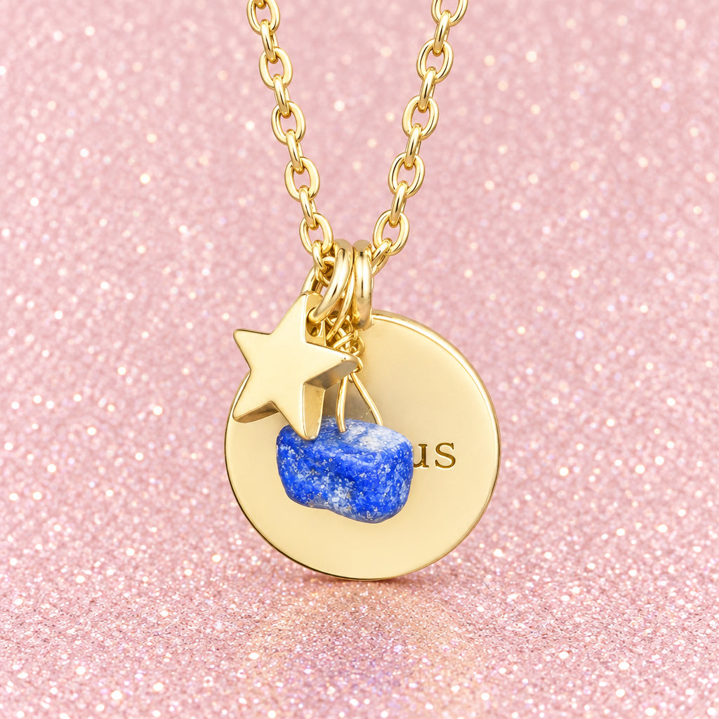 Vintage Gold Tone Lapis Lazuli Star and Taurus/Constellation Charm Pendant Necklace