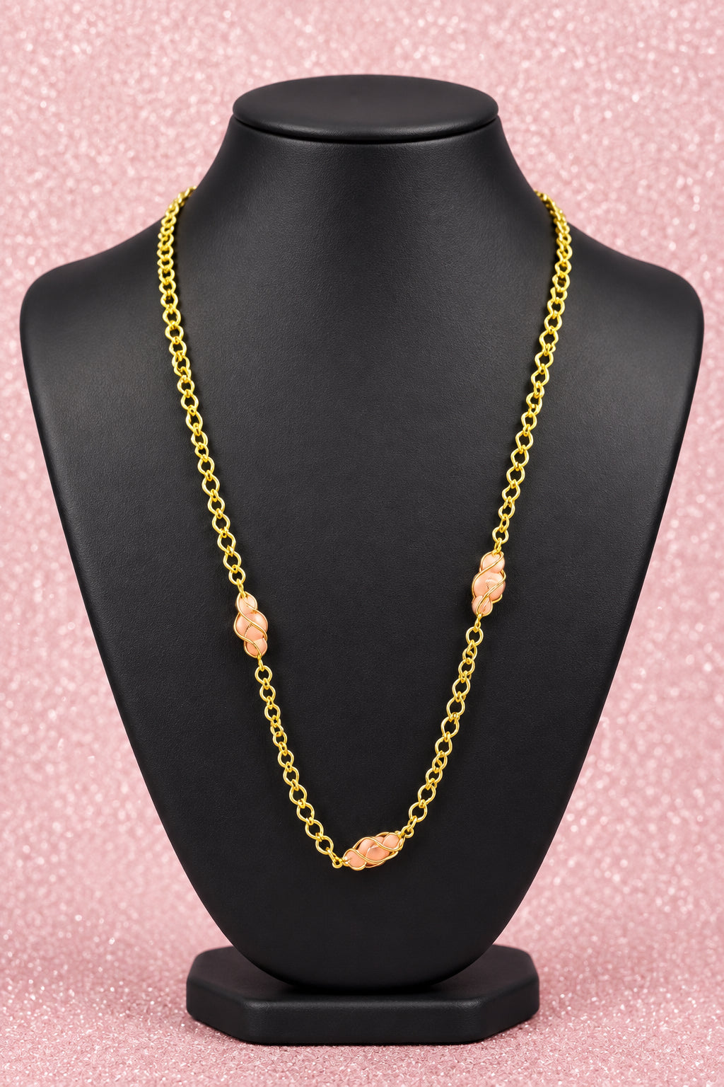 Vintage Avon Gold Tone Chain Necklace w/ Caged Faux Coral Beads
