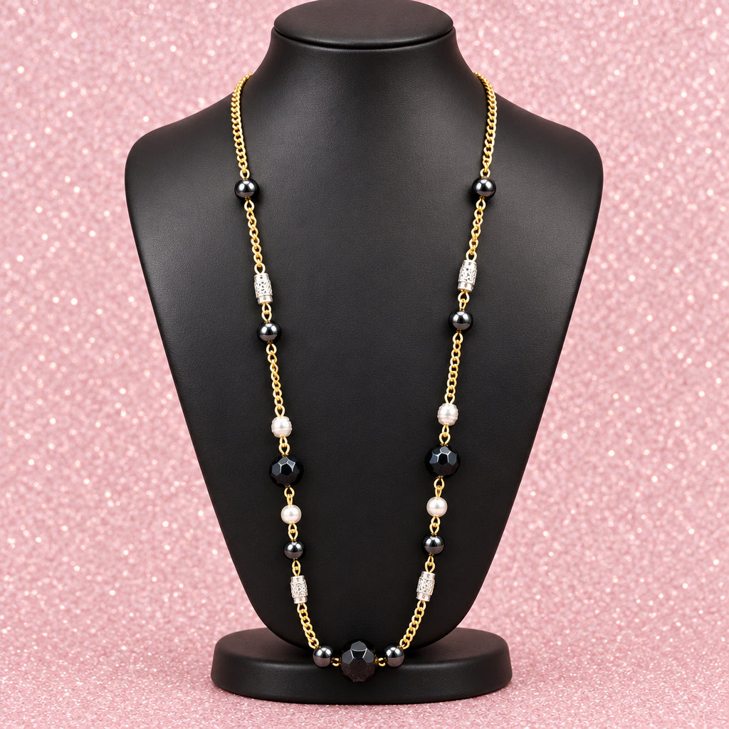 Vintage Gold Tone Long Necklace w/ Black Faceted Beads