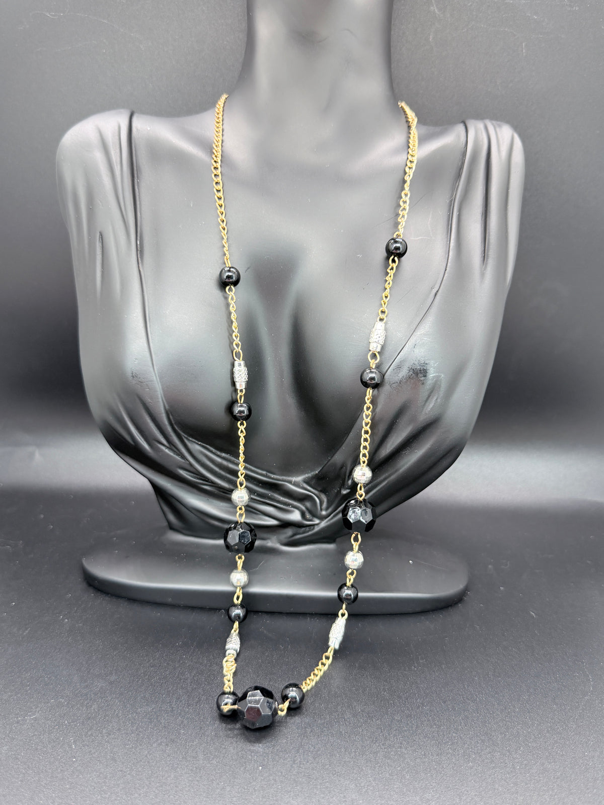Vintage Gold Tone Long Necklace w/ Black Faceted Beads