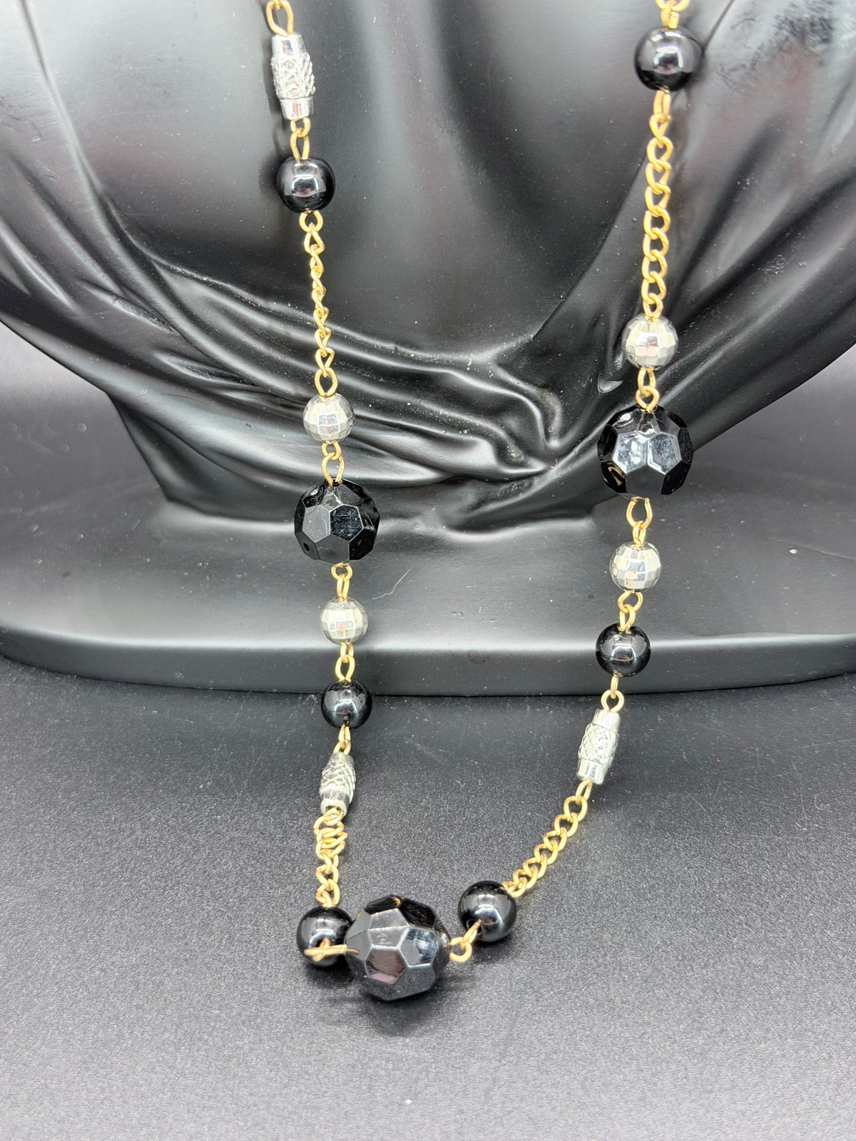 Vintage Gold Tone Long Necklace w/ Black Faceted Beads