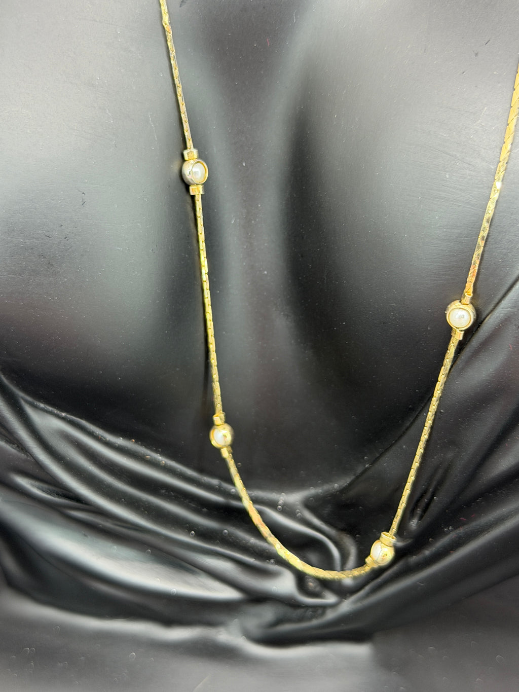 Vintage Gold Tone Station Necklace w/ Simulated Pearl Accents