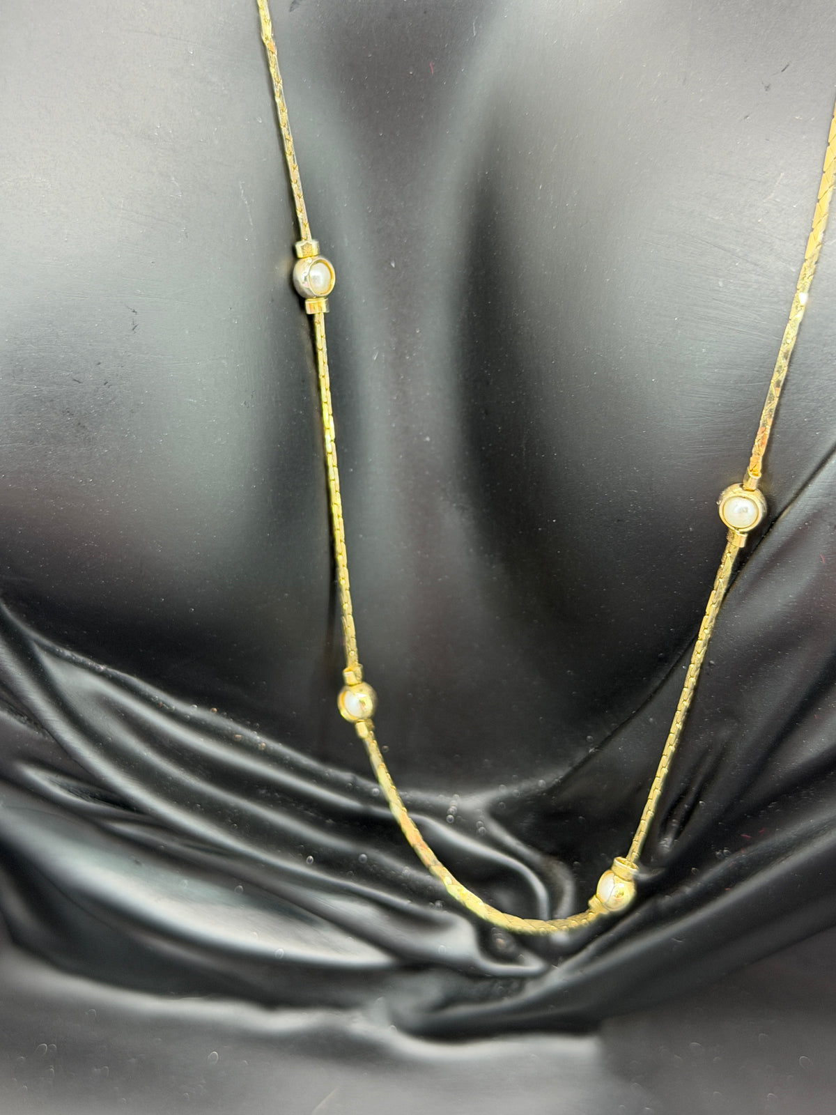 Vintage Gold Tone Station Necklace w/ Simulated Pearl Accents