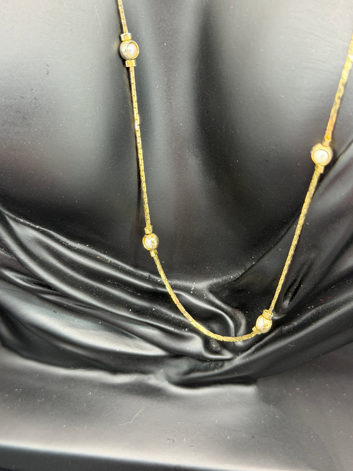 Vintage Gold Tone Station Necklace w/ Simulated Pearl Accents