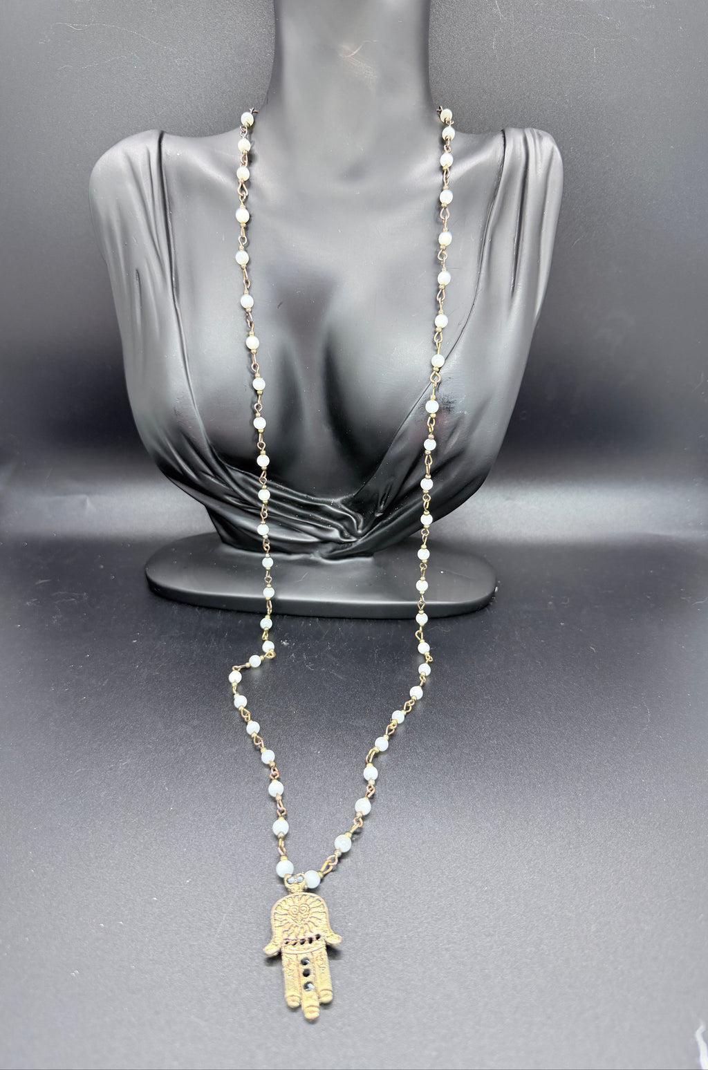 Vintage Gold Tone Hamsa Necklace w/ Black Stones & Bead Chain