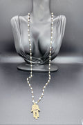 Vintage Gold Tone Hamsa Necklace w/ Black Stones & Bead Chain