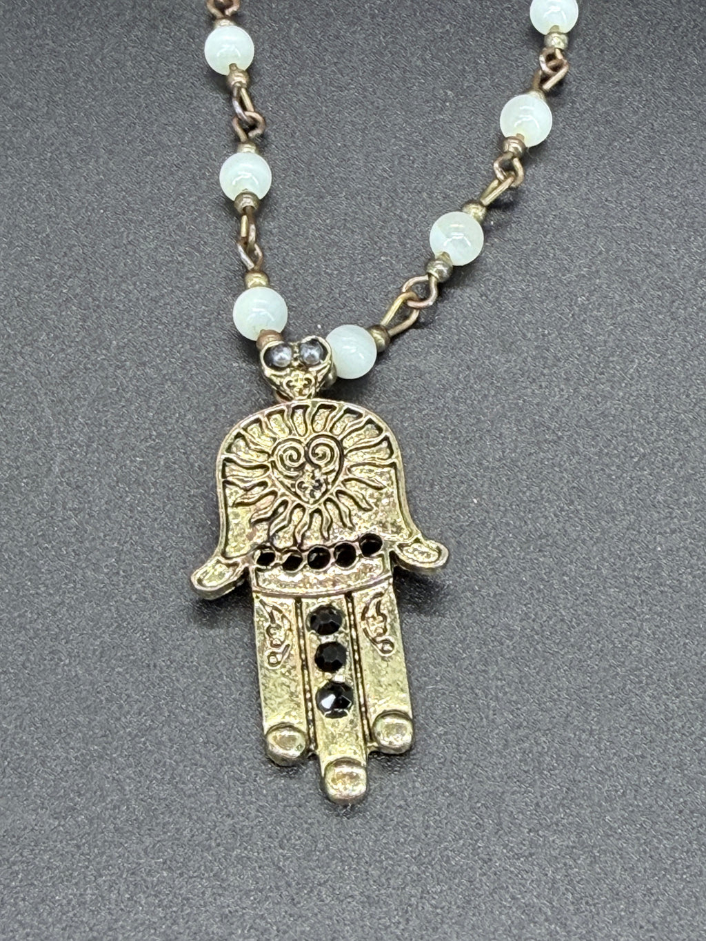 Vintage Gold Tone Hamsa Necklace w/ Black Stones & Bead Chain