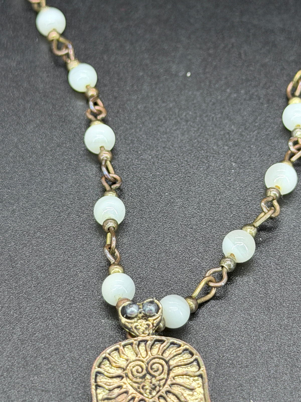 Vintage Gold Tone Hamsa Necklace w/ Black Stones & Bead Chain