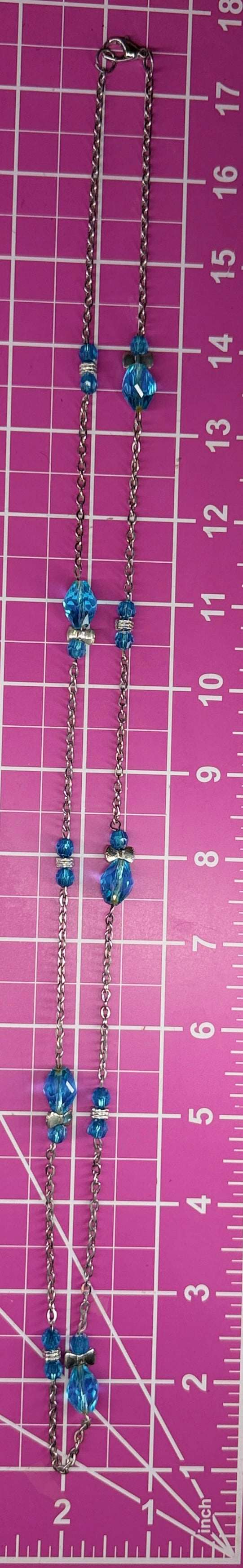 Vintage Long Silver Tone Chain Necklace w/ Blue Faceted Glass Beads