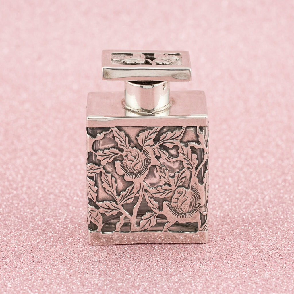 Antique Miniature Sterling Silver Overlay Floral Perfume Bottle