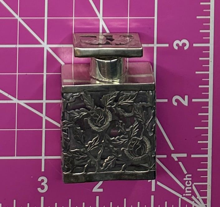 Antique Miniature Sterling Silver Overlay Floral Perfume Bottle