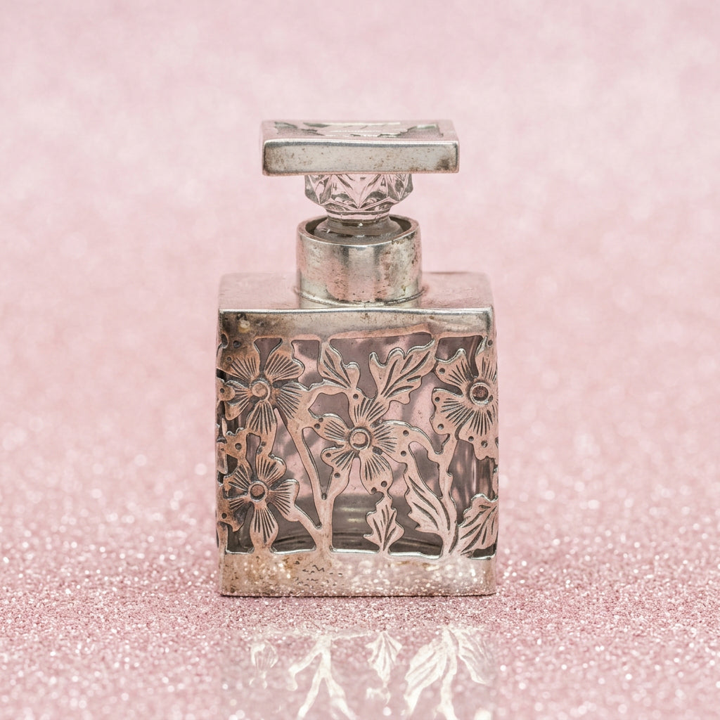 Antique Miniature Sterling Silver Overlay Floral Perfume Bottle