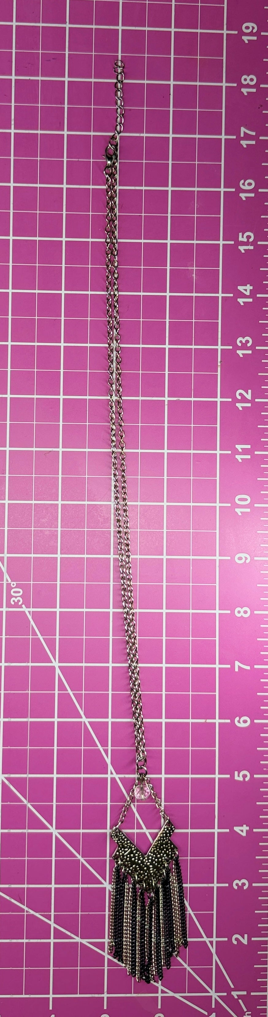 Vintage Geometric Silver Tone Pendant Necklace w/ Multi-Chain Tassel