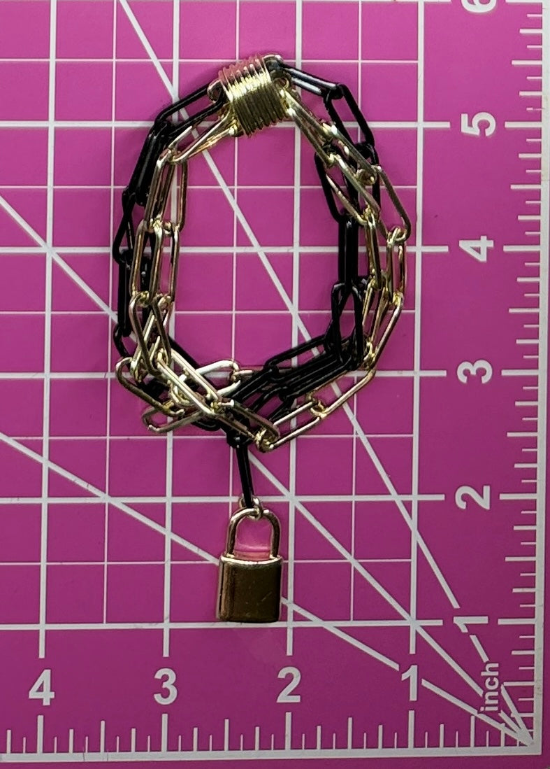 Vintage Two-Tone Gold & Black Link Chain Bracelet w/ Padlock Charm