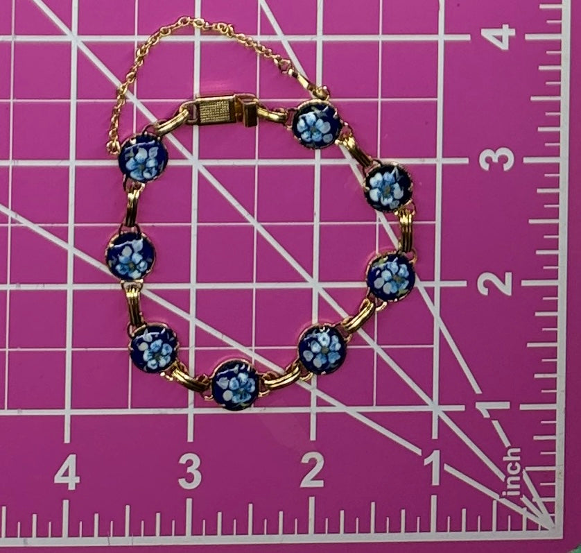 Vintage Gold Tone Link Bracelet Featuring Blue Enamel Floral Cabochons