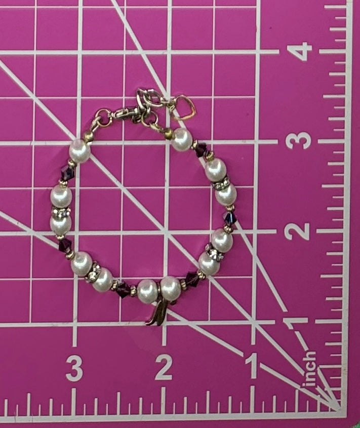 Handmade Faux Pearl & Crystal Beaded Child's Bracelet w/ Letter N Charm