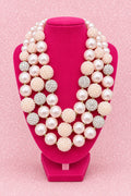 Three Strand Faux Pearl & Rhinestone Light Pink Bead Statement Necklace