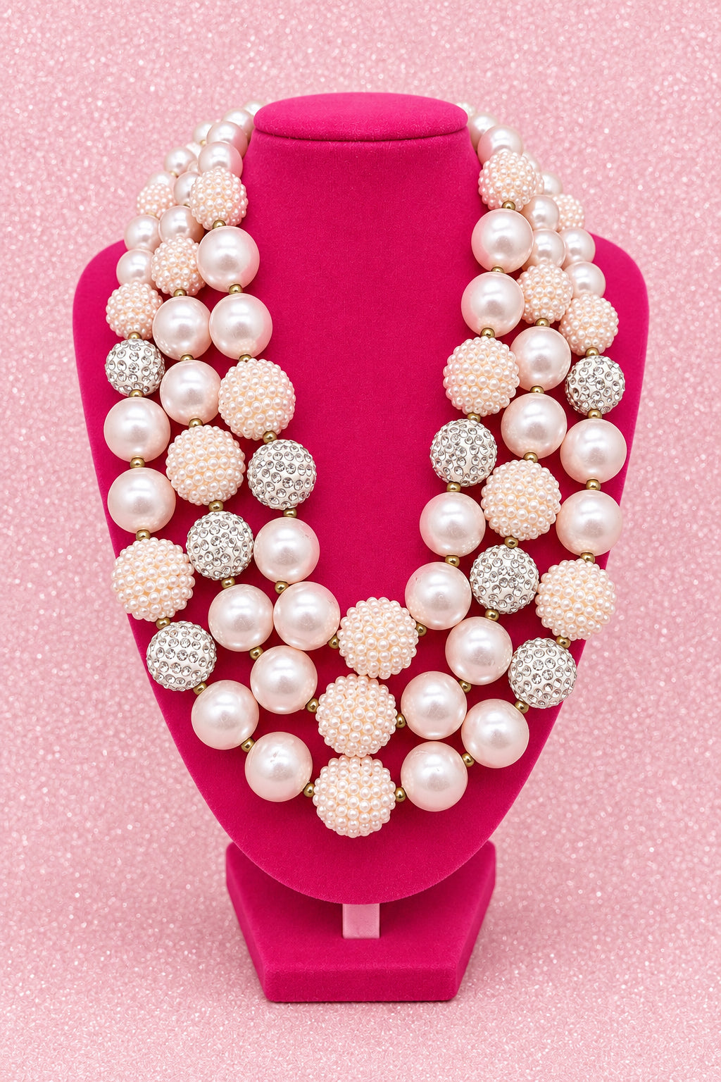 Three Strand Faux Pearl & Rhinestone Light Pink Bead Statement Necklace