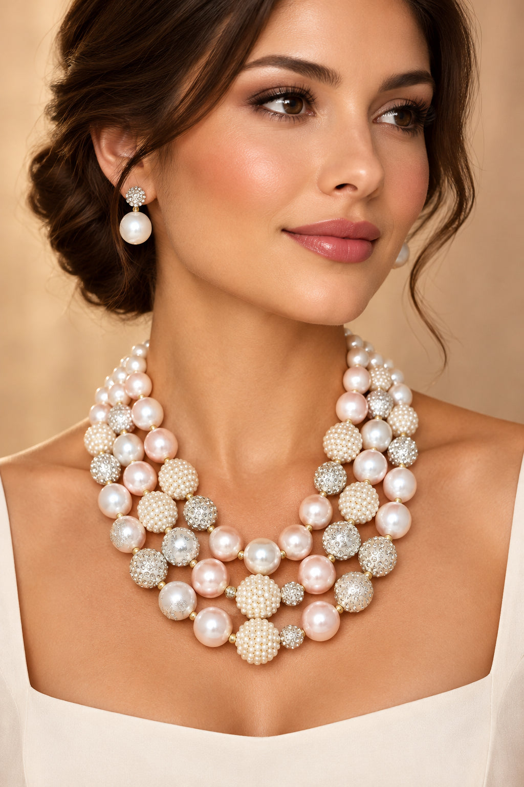 Three Strand Faux Pearl & Rhinestone Light Pink Bead Statement Necklace