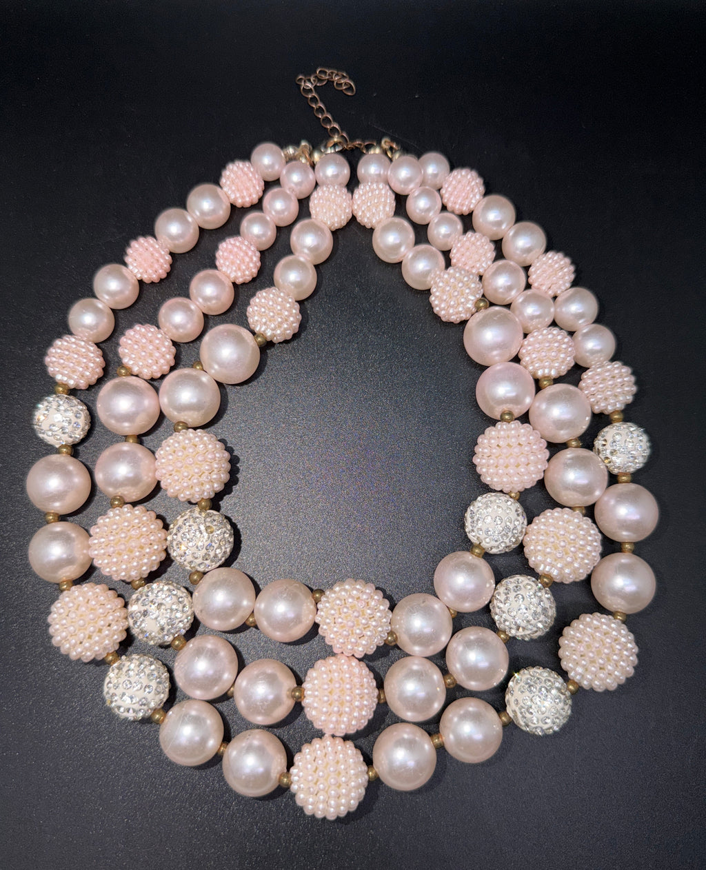 Three Strand Faux Pearl & Rhinestone Light Pink Bead Statement Necklace