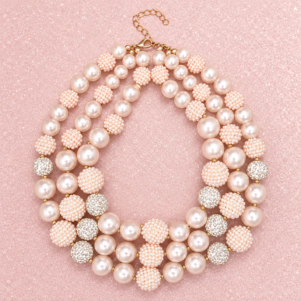 Three Strand Faux Pearl & Rhinestone Light Pink Bead Statement Necklace