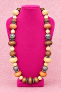Vintage Bohemian Multi-Tone Wood & Etched Metal Bead Necklace