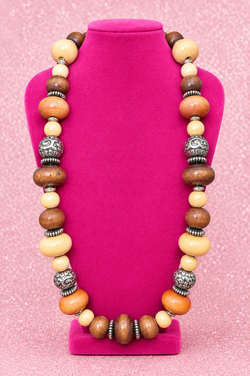 Vintage Bohemian Multi-Tone Wood & Etched Metal Bead Necklace