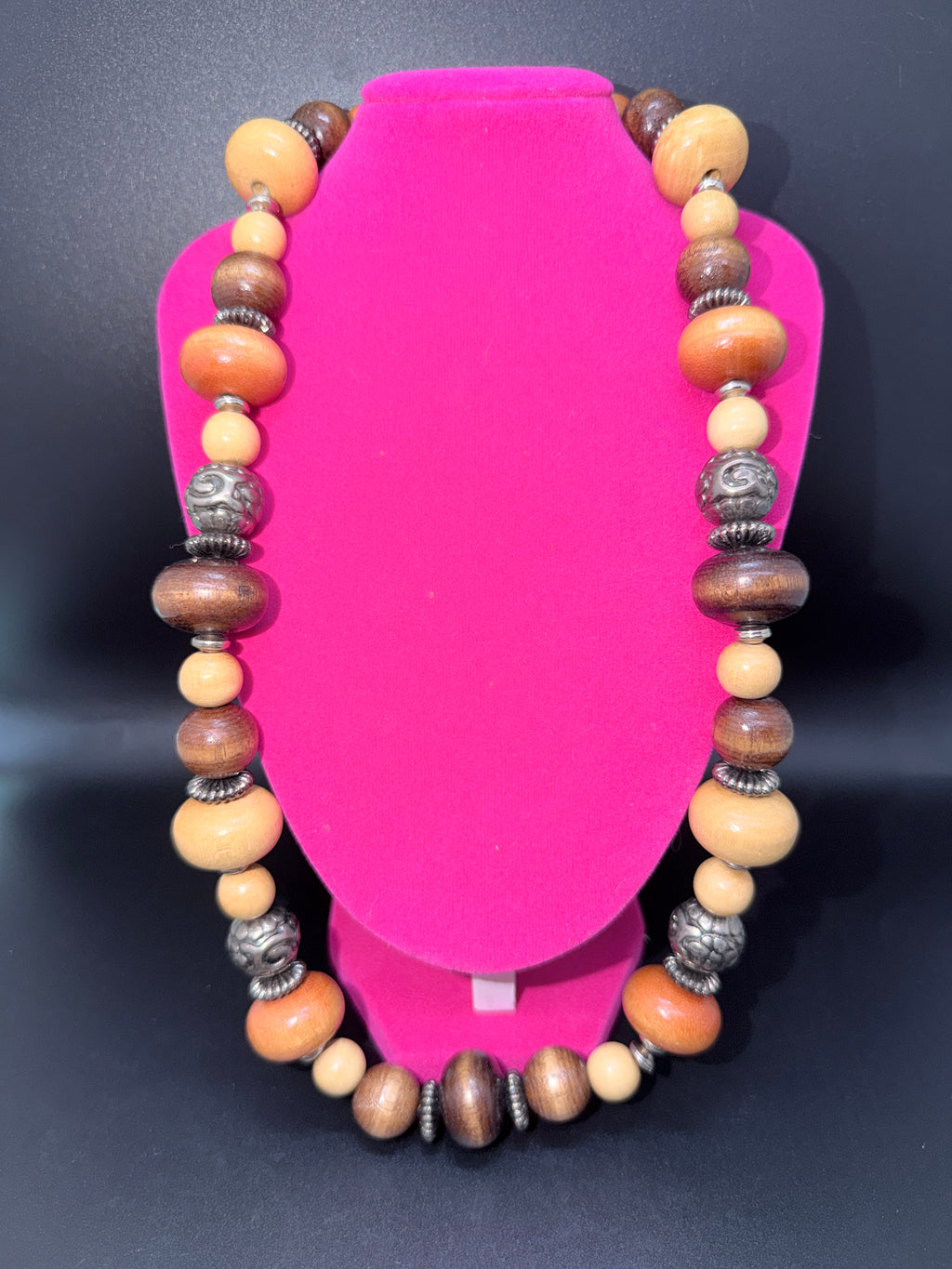 Vintage Bohemian Multi-Tone Wood & Etched Metal Bead Necklace