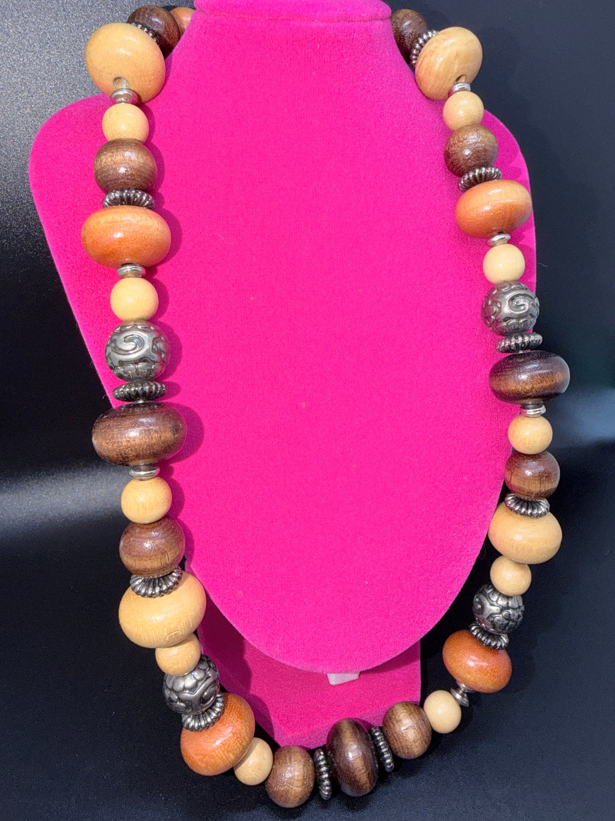 Vintage Bohemian Multi-Tone Wood & Etched Metal Bead Necklace