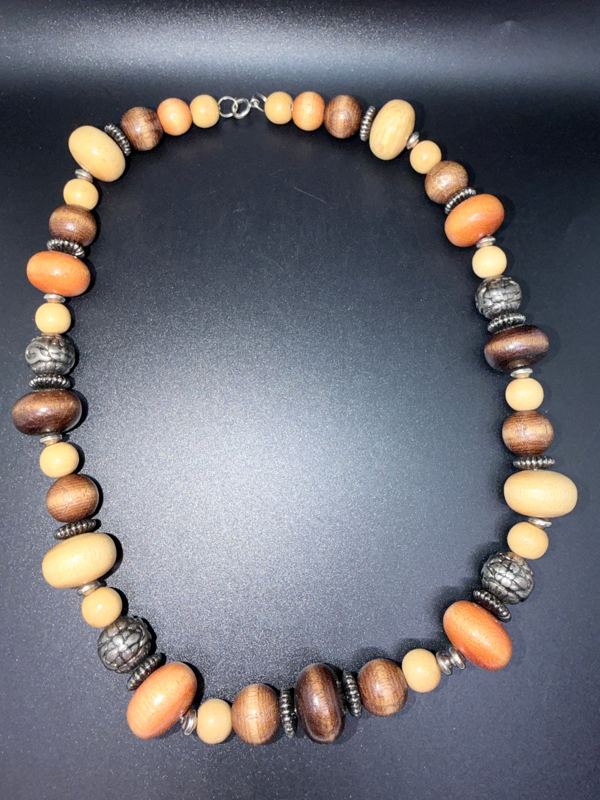 Vintage Bohemian Multi-Tone Wood & Etched Metal Bead Necklace