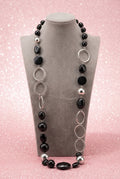 Vintage Long Black Gass & Silver Tone Metal Station Necklace