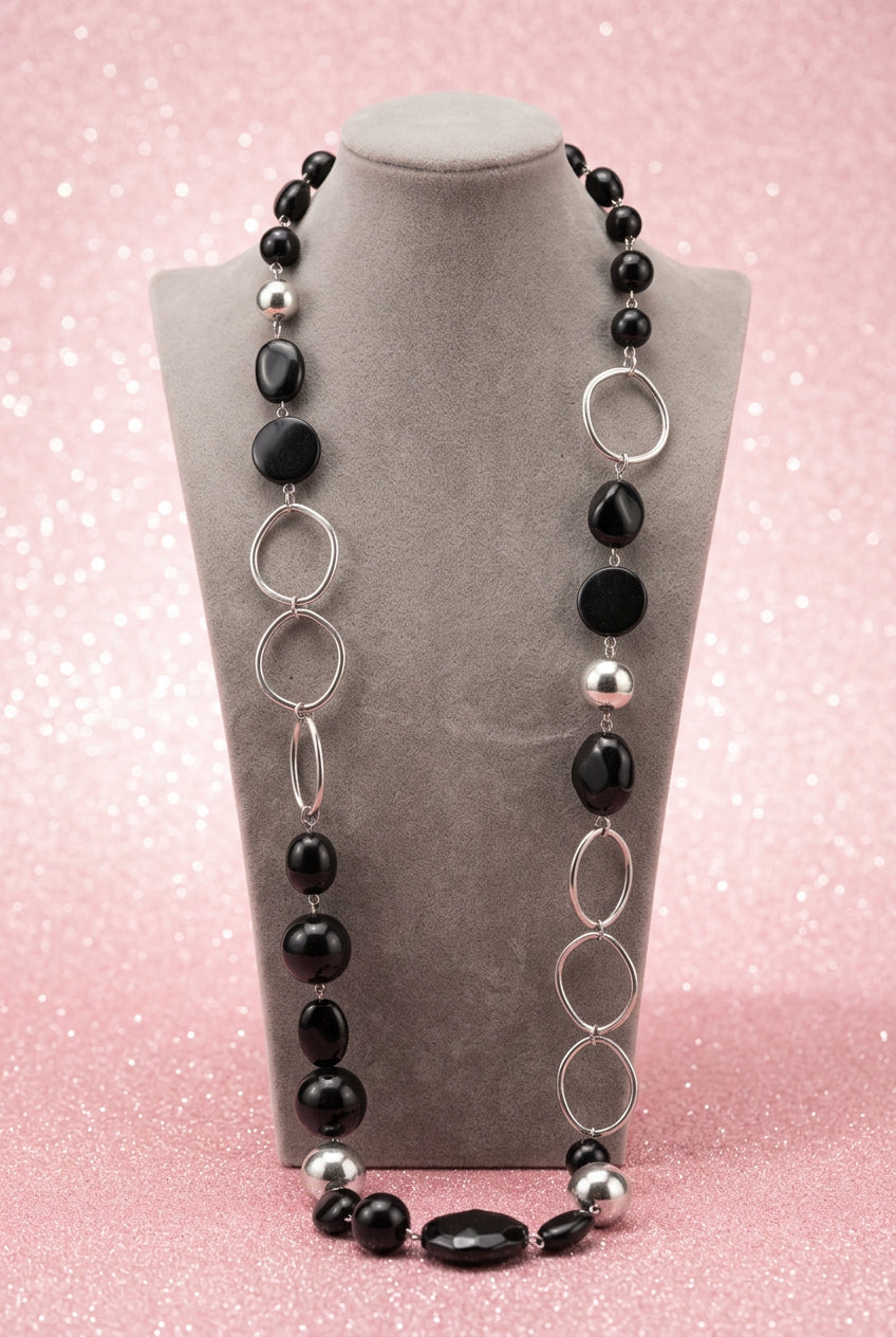 Vintage Long Black Gass & Silver Tone Metal Station Necklace