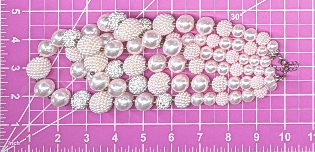 Three Strand Faux Pearl & Rhinestone Light Pink Bead Statement Necklace