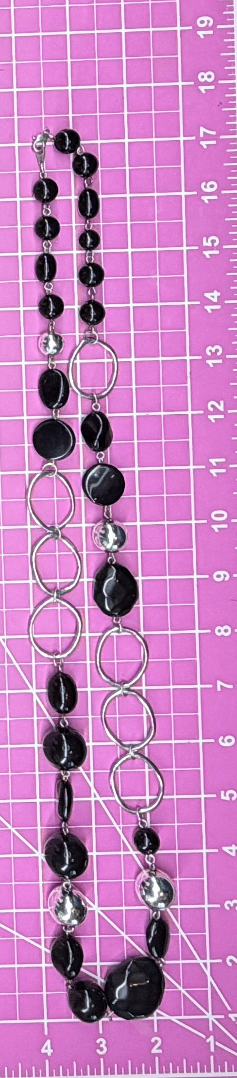 Vintage Long Black Gass & Silver Tone Metal Station Necklace