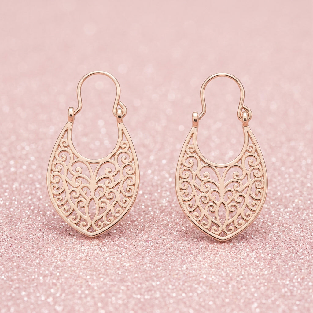 2000's Vintage Rose Gold Plated Filigree Drop Earrings w/ Basket Design