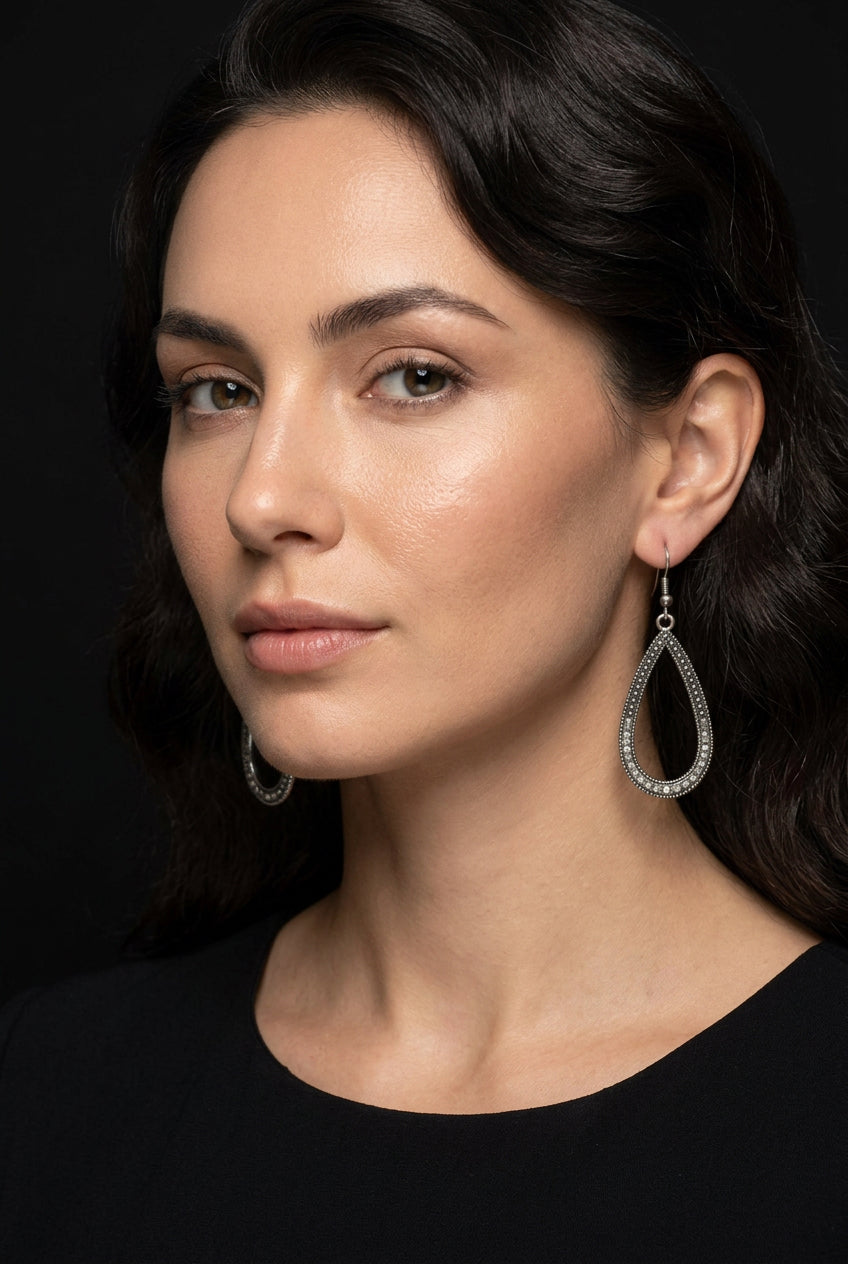 2000's Silver-Tone Teardrop Dangle Earrings w/ Rhinestone Accents