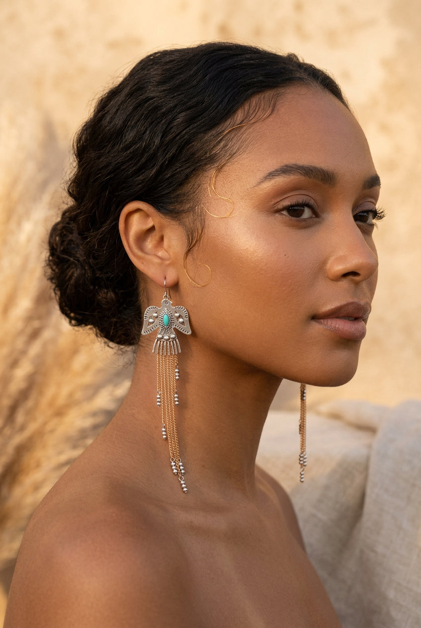 2000's Southwestern Style Blue Thunderbird Fringe Earrings