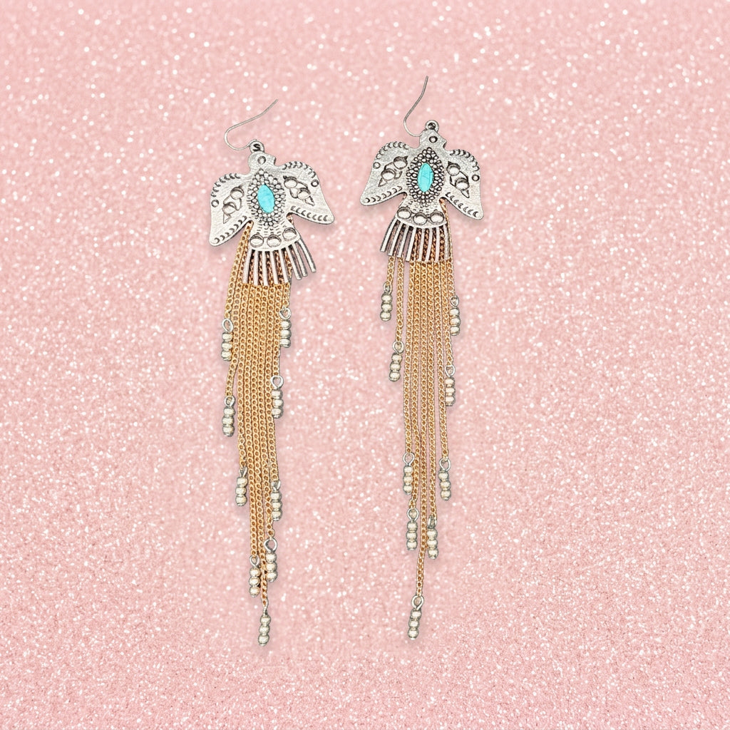 2000's Southwestern Style Blue Thunderbird Fringe Earrings
