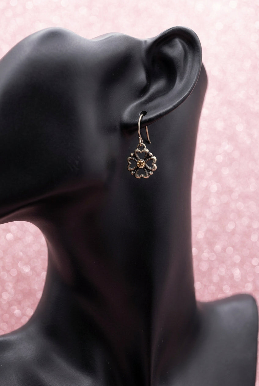 1990's Vintage Silver-tone Metal Clover Drop Earrings w/ Pink Stones