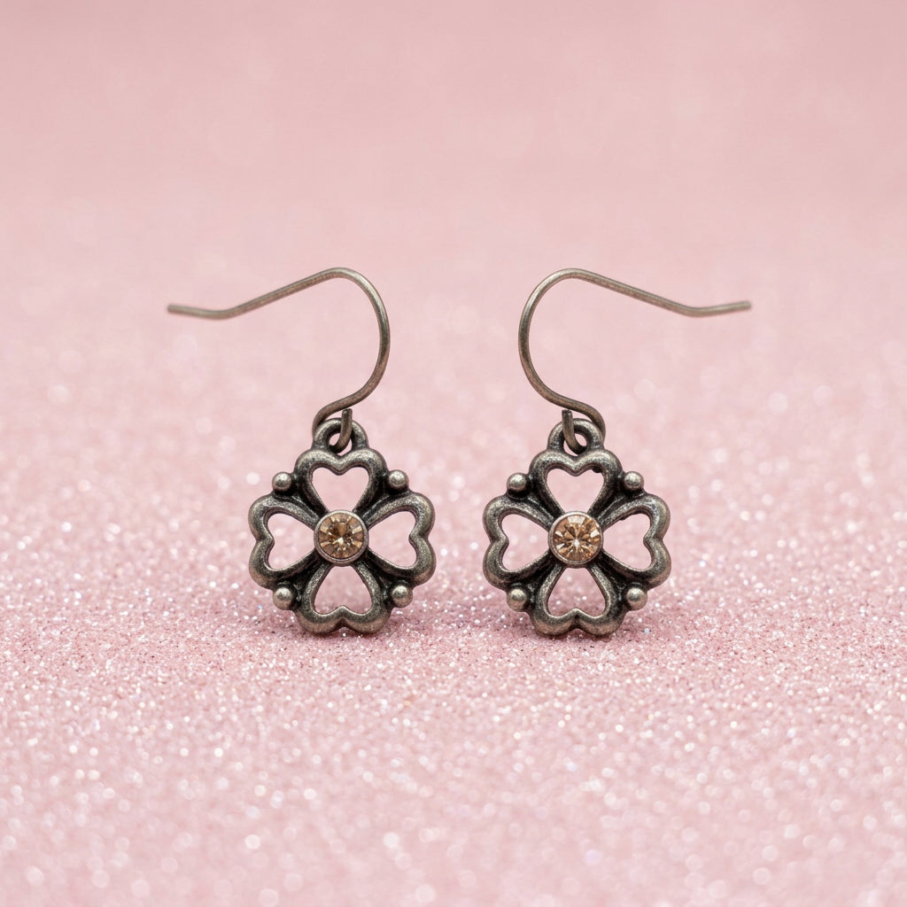 1990's Vintage Silver-tone Metal Clover Drop Earrings w/ Pink Stones